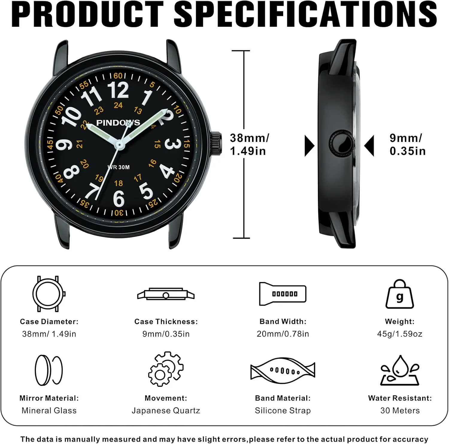 PINDOWS Women Analog Quartz Wrist Watch with Silicone Strap for Young Women Students Easy Read Waterproof Unisex Luminous Dial