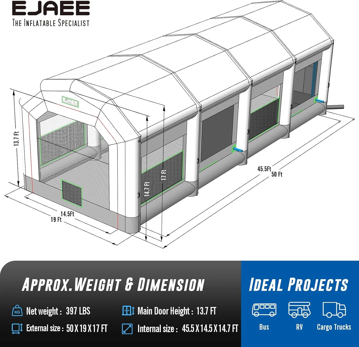 Platinum Series 50x19x17Ft Large Inflatable Spray Paint Booth with Blowers for Aircraft Parts, Buses, Vehicles Restoration; Dust-Free Workspace for Custom Paint Job