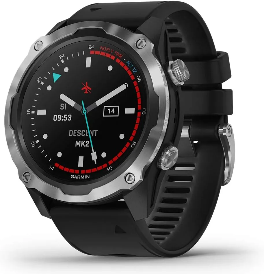 PlayBetter Garmin Descent Mk2 (Stainless Steel/Black) Dive Computer Watch Bundle - Air Integration, Multisport Training Features - Includes Portable Charger, Wall Adapter & Hard Case