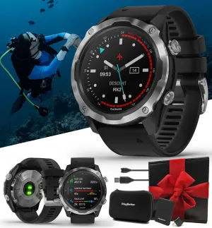 PlayBetter Garmin Descent Mk2 (Stainless Steel/Black) Dive Computer Watch Bundle - Air Integration, Multisport Training Features - Includes Portable Charger, Wall Adapter & Hard Case