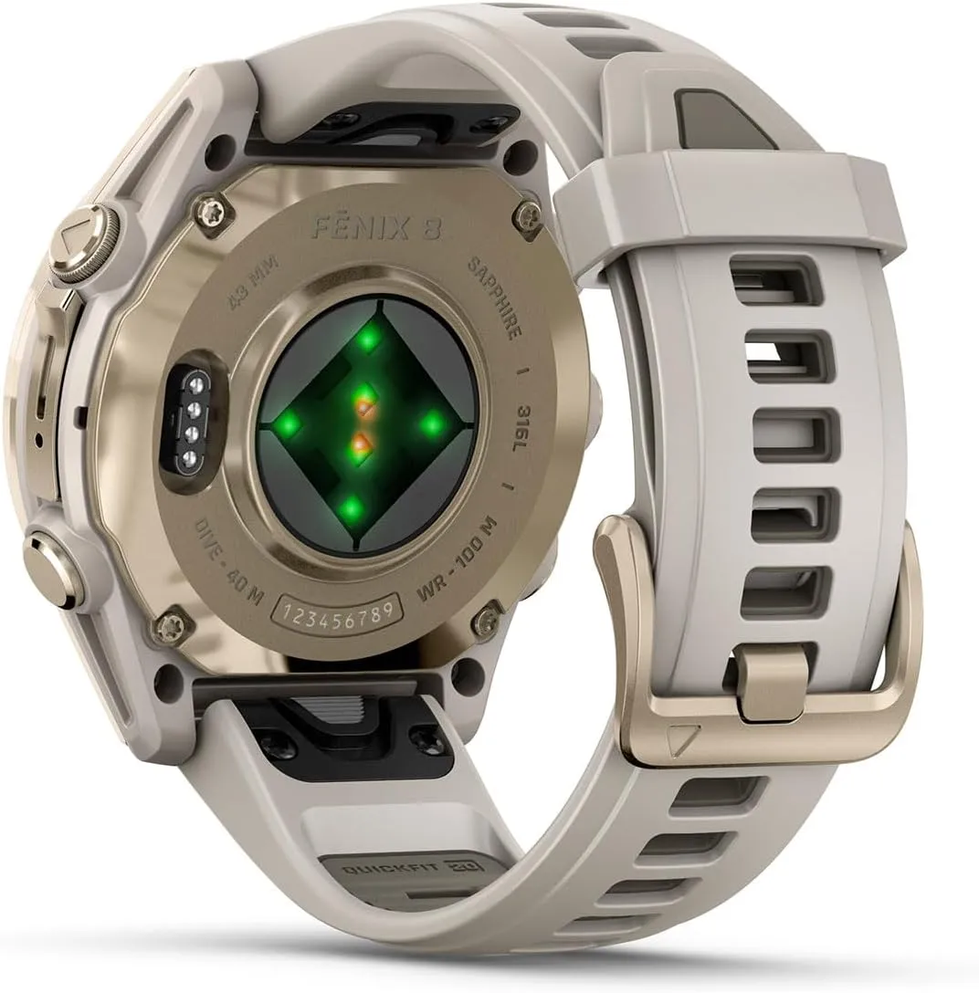 PlayBetter Garmin Fenix 8 AMOLED Sapphire (43mm, Soft Gold/Dark Sandstone) Multisport GPS Smartwatch Gift Box Bundle - 1.3" Touchscreen, Built-in LED Flashlight Charger, Screens, Adapter, Case