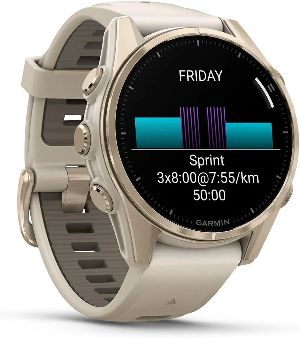 PlayBetter Garmin Fenix 8 AMOLED Sapphire (43mm, Soft Gold/Dark Sandstone) Multisport GPS Smartwatch Gift Box Bundle - 1.3" Touchscreen, Built-in LED Flashlight Charger, Screens, Adapter, Case