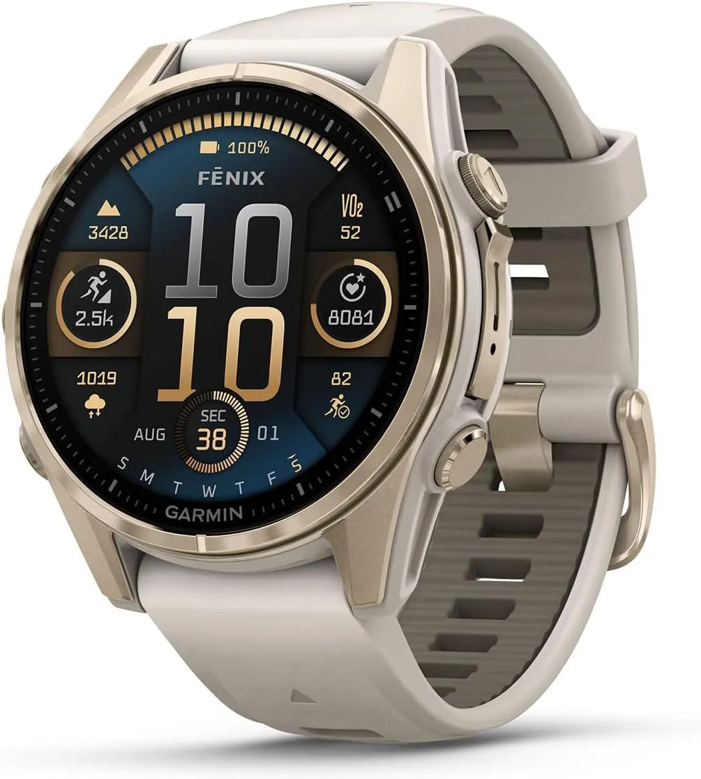 PlayBetter Garmin Fenix 8 AMOLED Sapphire (43mm, Soft Gold/Dark Sandstone) Multisport GPS Smartwatch Gift Box Bundle - 1.3" Touchscreen, Built-in LED Flashlight Charger, Screens, Adapter, Case