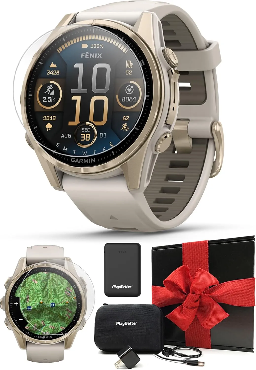 PlayBetter Garmin Fenix 8 AMOLED Sapphire (43mm, Soft Gold/Dark Sandstone) Multisport GPS Smartwatch Gift Box Bundle - 1.3" Touchscreen, Built-in LED Flashlight Charger, Screens, Adapter, Case