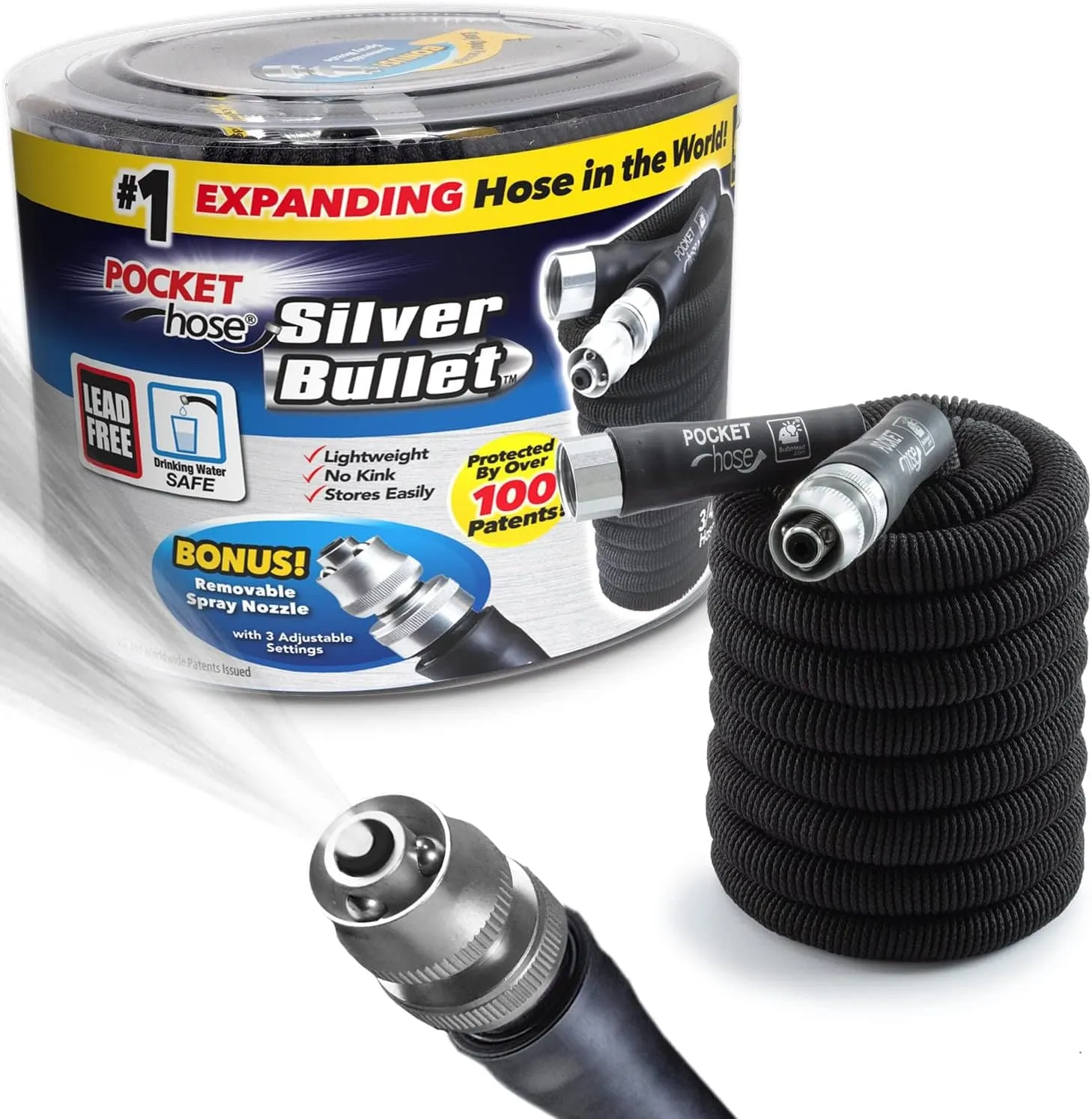 Pocket Hose Silver Bullet 50 ft Turbo Shot Nozzle Multiple Spray Patterns Expandable Garden Hose 3/4 in Solid Aluminum Fittings Lead-Free Lightweight and No-Kink,Black