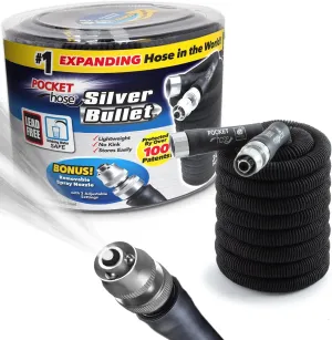 Pocket Hose Silver Bullet 50 ft Turbo Shot Nozzle Multiple Spray Patterns Expandable Garden Hose 3/4 in Solid Aluminum Fittings Lead-Free Lightweight and No-Kink,Black