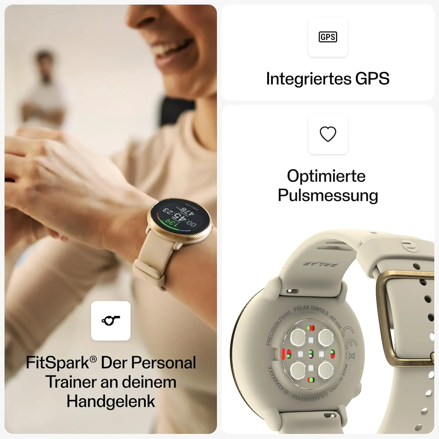 POLAR Ignite 2 Series Water Resistant Smartwatch with GPS, Heart Rate Monitoring, Sleep Analysis and Personalized Fitness Tracking, S-L, for Men or Women, Champagne/Gold