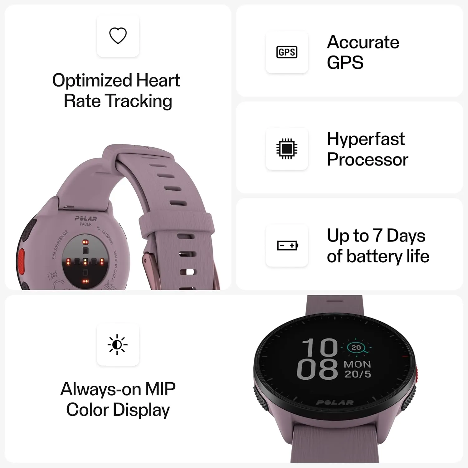 POLAR Pacer Ultra-Light GPS Fitness Tracker Smartwatch for Runners; S-L, for Men or Women, Purple