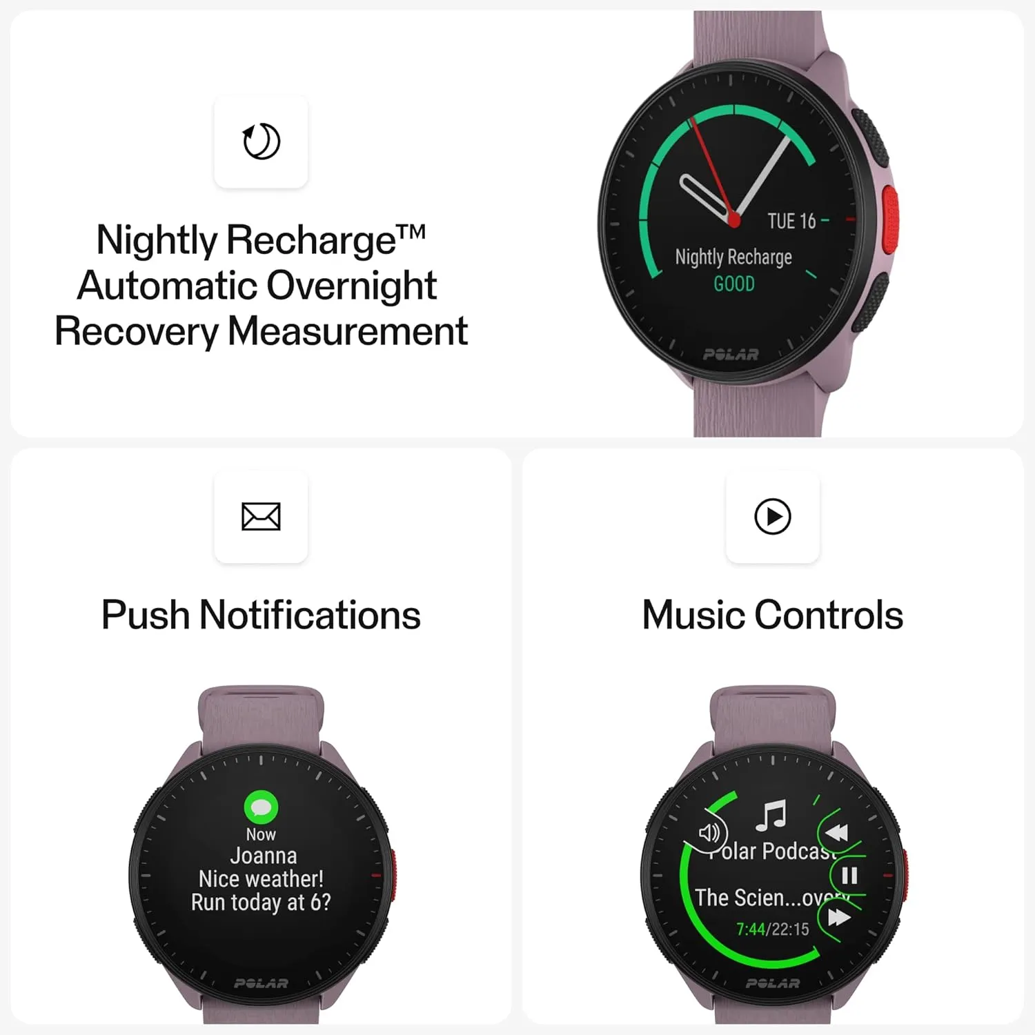 POLAR Pacer Ultra-Light GPS Fitness Tracker Smartwatch for Runners; S-L, for Men or Women, Purple