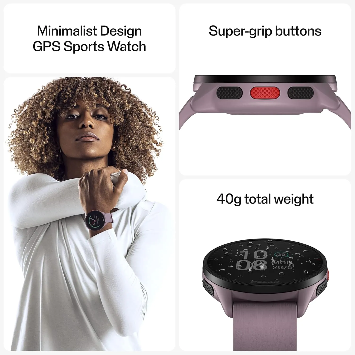 POLAR Pacer Ultra-Light GPS Fitness Tracker Smartwatch for Runners; S-L, for Men or Women, Purple