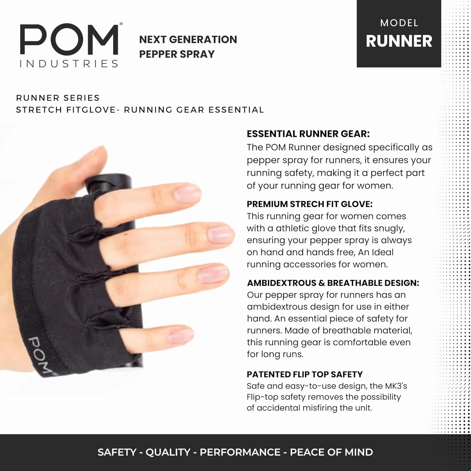 POM Pepper Spray Runner Model - Max Strength OC Spray - Athletic Stretch-Fit Glove, Breathable & Ambidextrous Design, Essential Runners Safety Gear, Flip Top, 35  Bursts, 10-12 ft Range