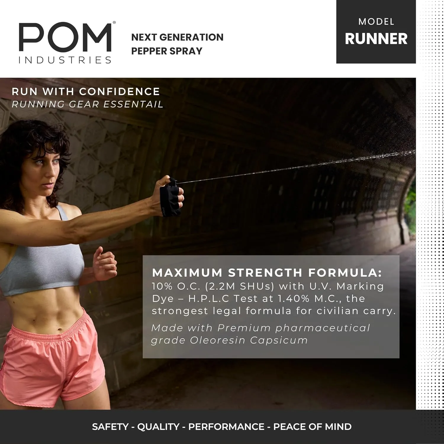 POM Pepper Spray Runner Model - Max Strength OC Spray - Athletic Stretch-Fit Glove, Breathable & Ambidextrous Design, Essential Runners Safety Gear, Flip Top, 35  Bursts, 10-12 ft Range