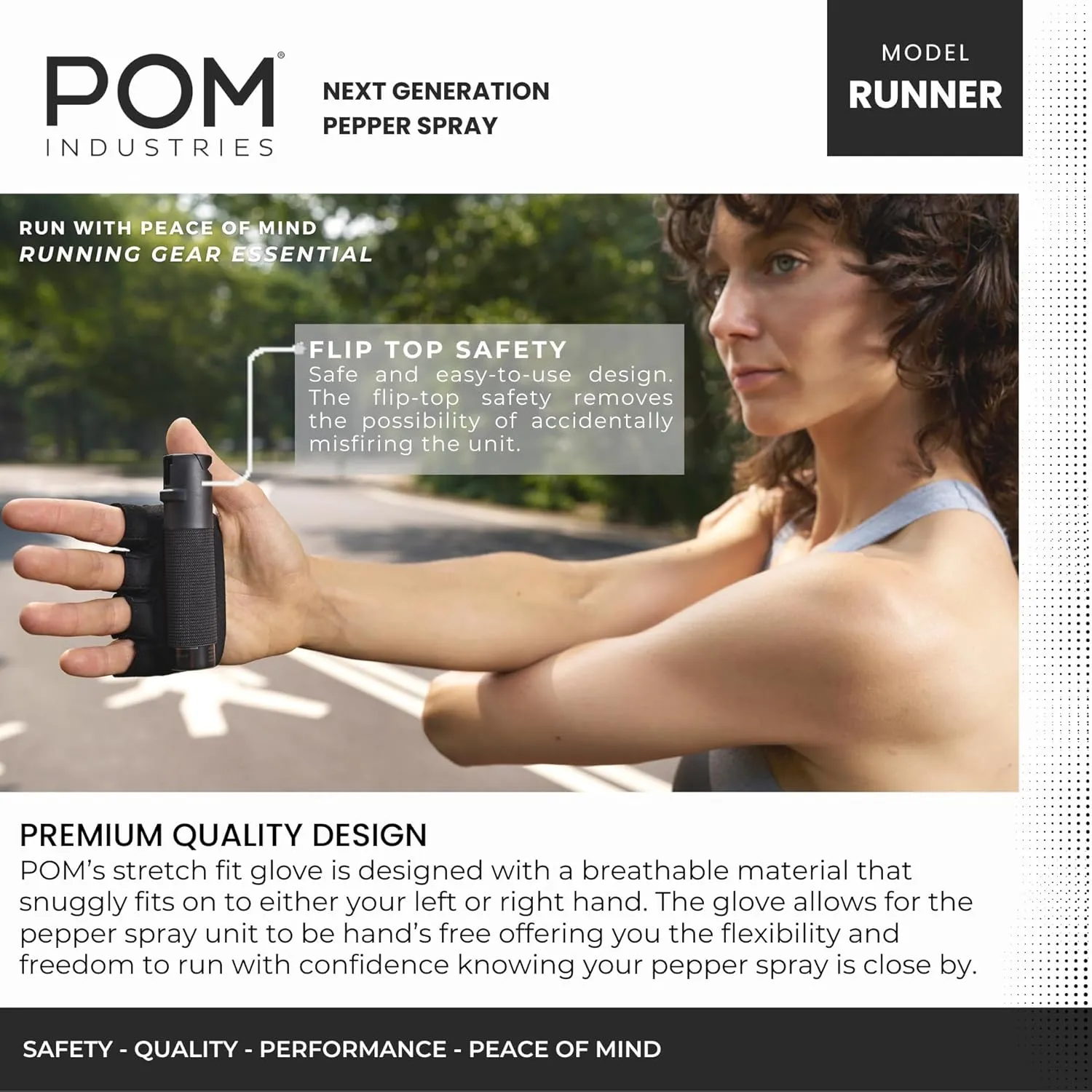 POM Pepper Spray Runner Model - Max Strength OC Spray - Athletic Stretch-Fit Glove, Breathable & Ambidextrous Design, Essential Runners Safety Gear, Flip Top, 35  Bursts, 10-12 ft Range