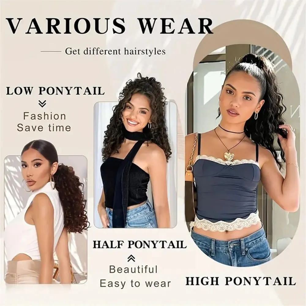 Ponytail Extension Kinky Curly Ponytail Extension Drawstring Human Hair Ponytails Clip In Brazilian Remy Hair Ponytails Afro Curly Hair Pieces, Natural Black Ponytail Hairpieces(14 Inch)
