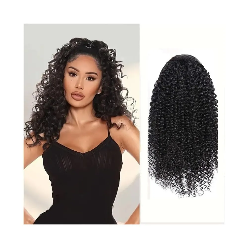 Ponytail Extension Kinky Curly Ponytail Extension Drawstring Human Hair Ponytails Clip In Brazilian Remy Hair Ponytails Afro Curly Hair Pieces, Natural Black Ponytail Hairpieces(14 Inch)