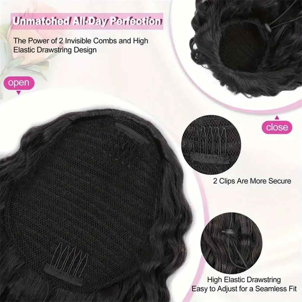 Ponytail Extension Kinky Curly Ponytail Extension Drawstring Human Hair Ponytails Clip In Brazilian Remy Hair Ponytails Afro Curly Hair Pieces, Natural Black Ponytail Hairpieces(14 Inch)