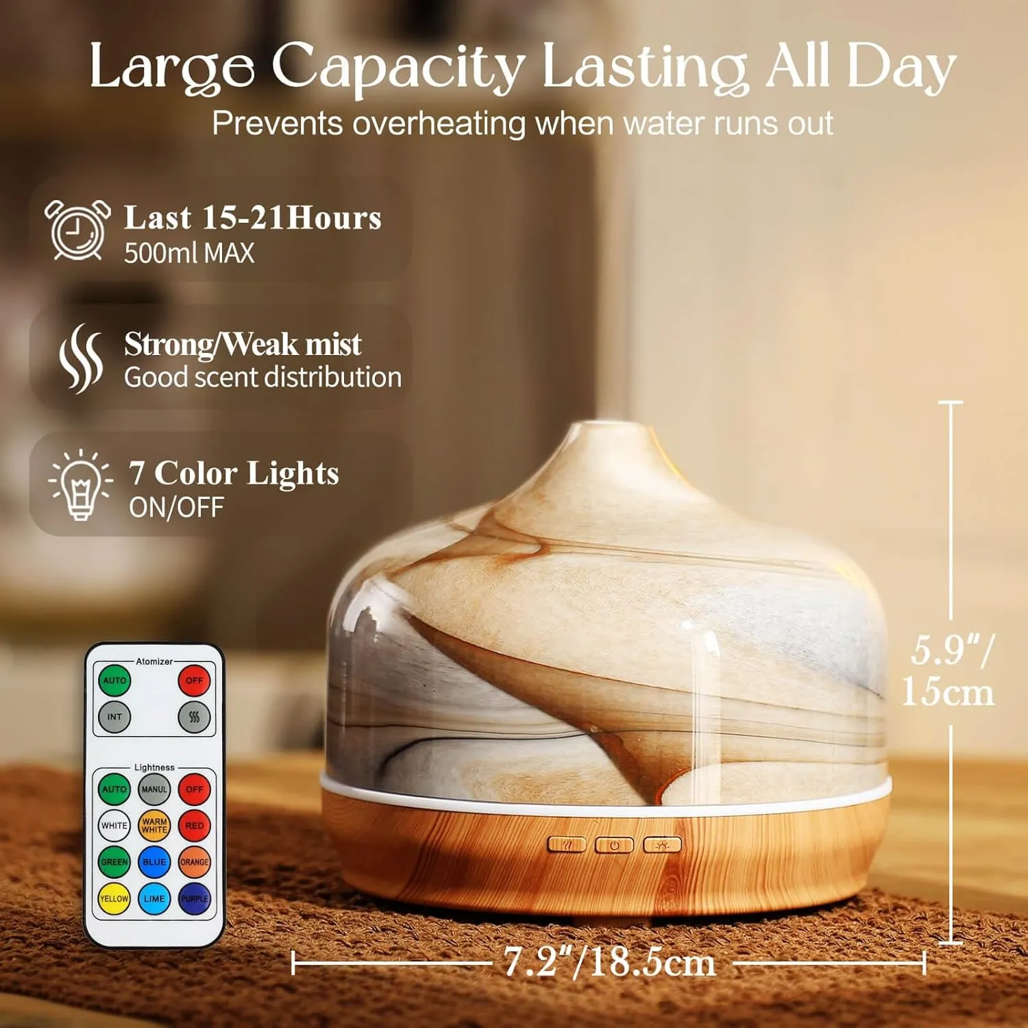 Porseme 500ml Essential Oil Diffuser, Aroma Ultrasonic Humidifier with Remote Control, BPA Free, Auto Shut-Off, Timer Setting for Large Room Sleeping Yoga