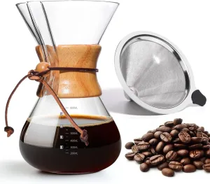 Pour Over Coffee Maker 27 OZ, 8 Cup Borosilicate Glass Drip Coffee Maker with Reusable Stainless Steel Filter and Cork Grip for Home Café 800 ML