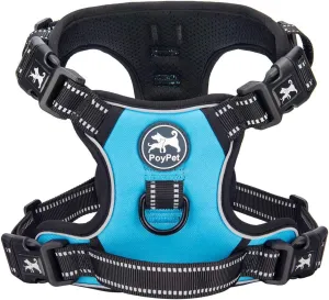 PoyPet 2019 Upgraded No Pull Dog Harness with 4 Snap Buckles, 3M Reflective with Front & Back 2 Leash Hooks and an Easy Control Handle [NO Need Go Over Dog’s Head] (Blue,L)