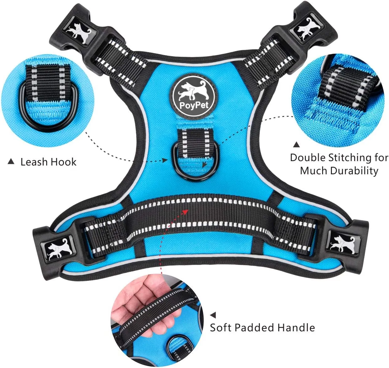 PoyPet 2019 Upgraded No Pull Dog Harness with 4 Snap Buckles, 3M Reflective with Front & Back 2 Leash Hooks and an Easy Control Handle [NO Need Go Over Dog’s Head] (Blue,L)