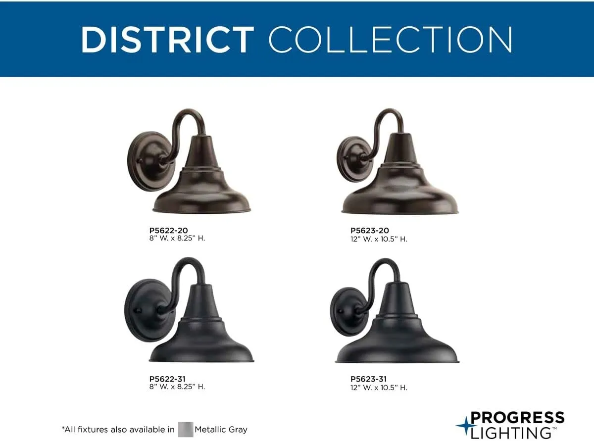 Progress Lighting P5622-31 District Collection 1-Light Farmhouse Outdoor Wall Lantern, Textured Black, 8" W x 8-1/4" H