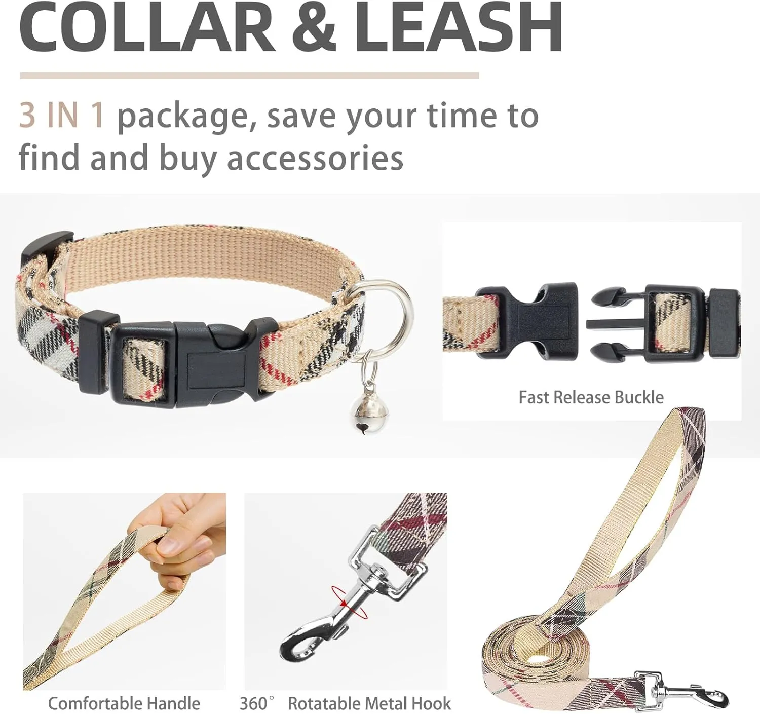 PUPTECK Adjustable Dog Harness Collar and Leash Set Step in No Pull Pet Harness for Small Medium Dogs Puppy and Cats Outdoor Walking Running, Soft Mesh Padded Reflective Vest Harnesses, Beige XS