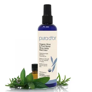PURA D'OR Organic Shoe & Foot Odor Eliminator Spray (8oz) Deodorizes & Removes Bad Smells with Eucalyptus, Peppermint, Tea Tree, Lemongrass Essential Oil, Maximum Strength (Packaging may vary)