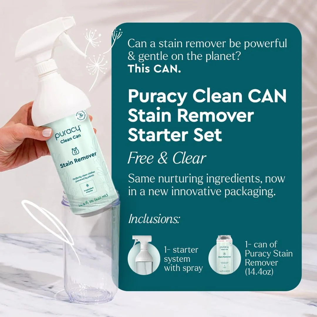 Puracy Clean Can Laundry Stain Remover - Fabric Stain Remover for Clothes Laundry - Stain Treater - Active Enzyme Laundry Stain Remover Spray - Spot Remover for Clothes (Starter Set, Free & Clear)