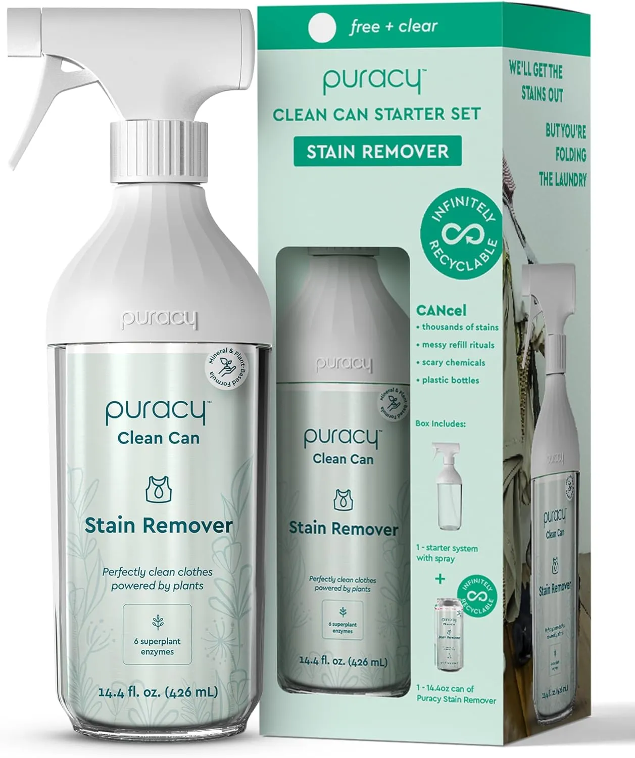 Puracy Clean Can Laundry Stain Remover - Fabric Stain Remover for Clothes Laundry - Stain Treater - Active Enzyme Laundry Stain Remover Spray - Spot Remover for Clothes (Starter Set, Free & Clear)