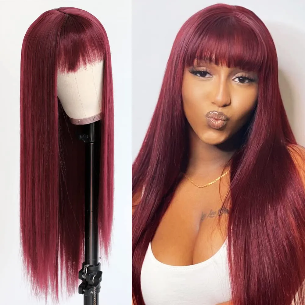 QD-Tizer Burgundy Red Wig Long Straight Synthetic Hair Wigs with Bangs Heat Resistant Synthetic No Lace Wigs for Fashion Women 24 inch