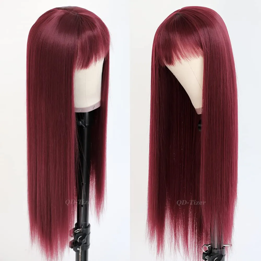 QD-Tizer Burgundy Red Wig Long Straight Synthetic Hair Wigs with Bangs Heat Resistant Synthetic No Lace Wigs for Fashion Women 24 inch