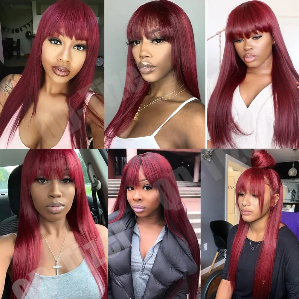 QD-Tizer Burgundy Red Wig Long Straight Synthetic Hair Wigs with Bangs Heat Resistant Synthetic No Lace Wigs for Fashion Women 24 inch
