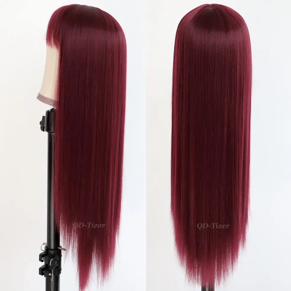 QD-Tizer Burgundy Red Wig Long Straight Synthetic Hair Wigs with Bangs Heat Resistant Synthetic No Lace Wigs for Fashion Women 24 inch