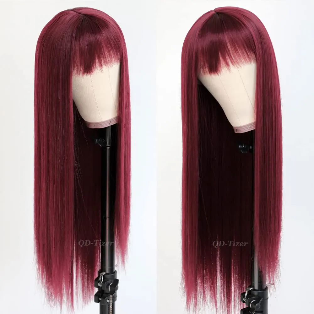QD-Tizer Burgundy Red Wig Long Straight Synthetic Hair Wigs with Bangs Heat Resistant Synthetic No Lace Wigs for Fashion Women 24 inch