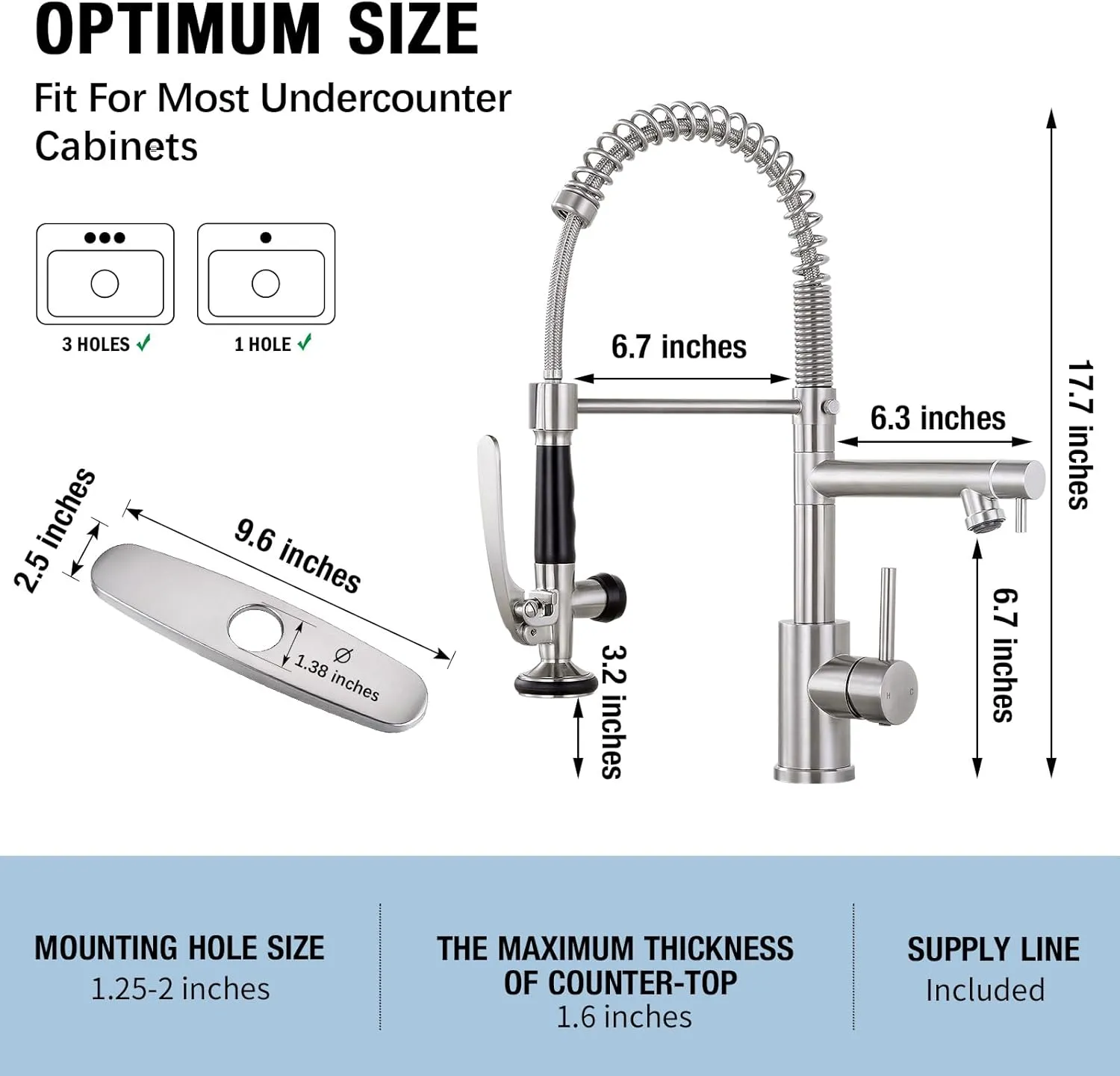 Qomolangma Commercial Kitchen Sink Faucet with Pull Down Sprayer, High Arch Spring Stainless Steel Single Handle Kitchen Faucets with Sprayer, with Deck Plate, Brushed Nickel