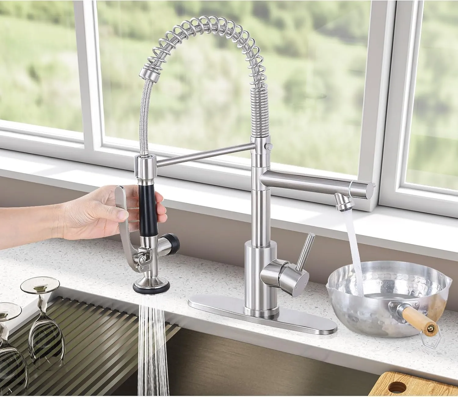 Qomolangma Commercial Kitchen Sink Faucet with Pull Down Sprayer, High Arch Spring Stainless Steel Single Handle Kitchen Faucets with Sprayer, with Deck Plate, Brushed Nickel