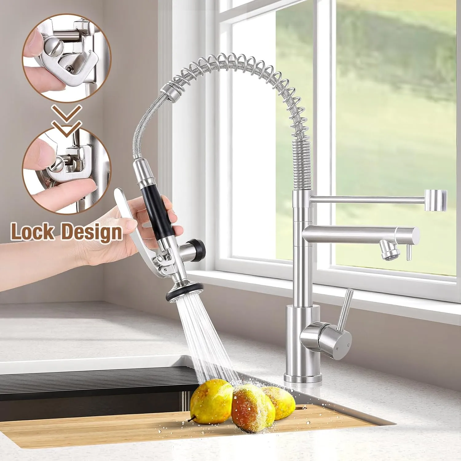Qomolangma Commercial Kitchen Sink Faucet with Pull Down Sprayer, High Arch Spring Stainless Steel Single Handle Kitchen Faucets with Sprayer, with Deck Plate, Brushed Nickel