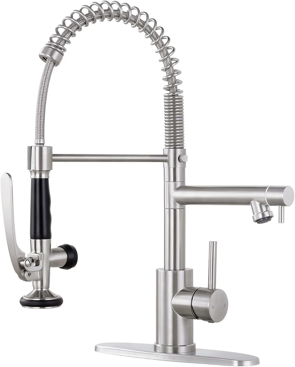 Qomolangma Commercial Kitchen Sink Faucet with Pull Down Sprayer, High Arch Spring Stainless Steel Single Handle Kitchen Faucets with Sprayer, with Deck Plate, Brushed Nickel