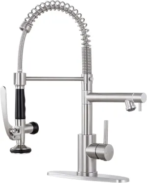 Qomolangma Commercial Kitchen Sink Faucet with Pull Down Sprayer, High Arch Spring Stainless Steel Single Handle Kitchen Faucets with Sprayer, with Deck Plate, Brushed Nickel