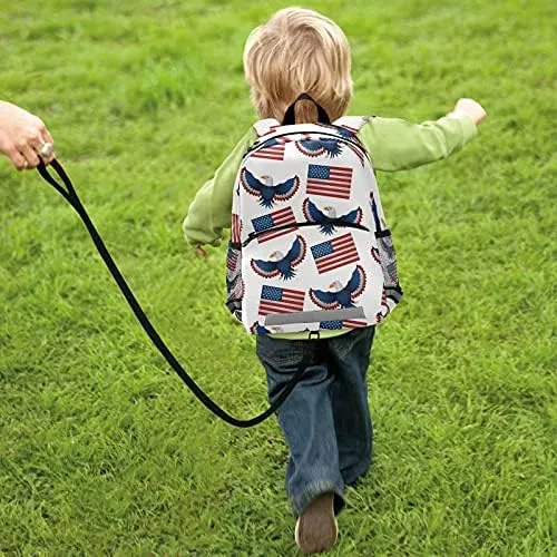 QUGRL American Flags Day Toddler Backpack Kids USA Eagles Kindergarten Schoolbag Preschool Nursery Travel Bag with Safety Leash Harness for Baby Boys Girls 3-8 Years