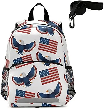 QUGRL American Flags Day Toddler Backpack Kids USA Eagles Kindergarten Schoolbag Preschool Nursery Travel Bag with Safety Leash Harness for Baby Boys Girls 3-8 Years