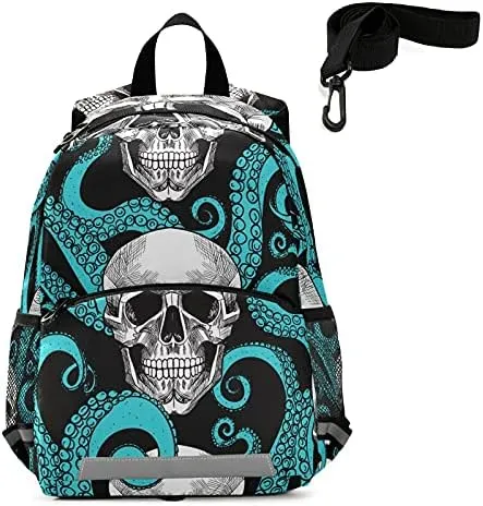 QUGRL Blue Octopus Skulls Toddler Backpack Kids Summer Head Bone Kindergarten Schoolbag Preschool Nursery Travel Bag with Safety Leash Harness for Baby Boys Girls 3-8 Years