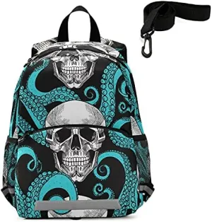 QUGRL Blue Octopus Skulls Toddler Backpack Kids Summer Head Bone Kindergarten Schoolbag Preschool Nursery Travel Bag with Safety Leash Harness for Baby Boys Girls 3-8 Years