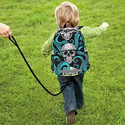 QUGRL Blue Octopus Skulls Toddler Backpack Kids Summer Head Bone Kindergarten Schoolbag Preschool Nursery Travel Bag with Safety Leash Harness for Baby Boys Girls 3-8 Years