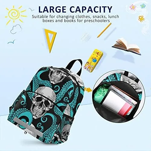 QUGRL Blue Octopus Skulls Toddler Backpack Kids Summer Head Bone Kindergarten Schoolbag Preschool Nursery Travel Bag with Safety Leash Harness for Baby Boys Girls 3-8 Years