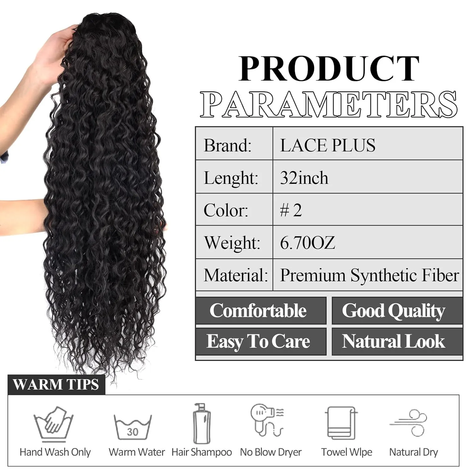 "LACE PLUS 32 Inch Long Curly Ponytail Hair Extension - Synthetic Instant Clip Drawstring Ponytail - Heat Resistant - Dark Brown (#2), 6.70OZ
