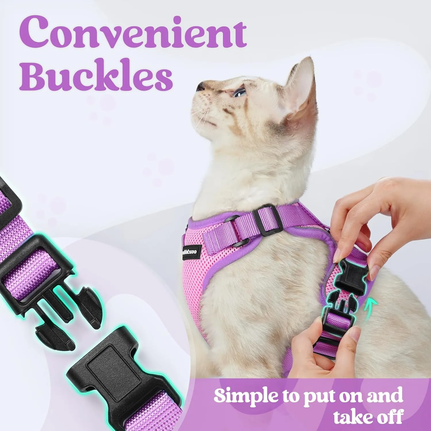 rabbitgoo Cat Harness and Leash Set, Escape Proof Soft Adjustable Vest Harnesses for Outdoor Walking, Easy Control Breathable Kitten Jacket with Reflective Strips, Pink & Purple, M