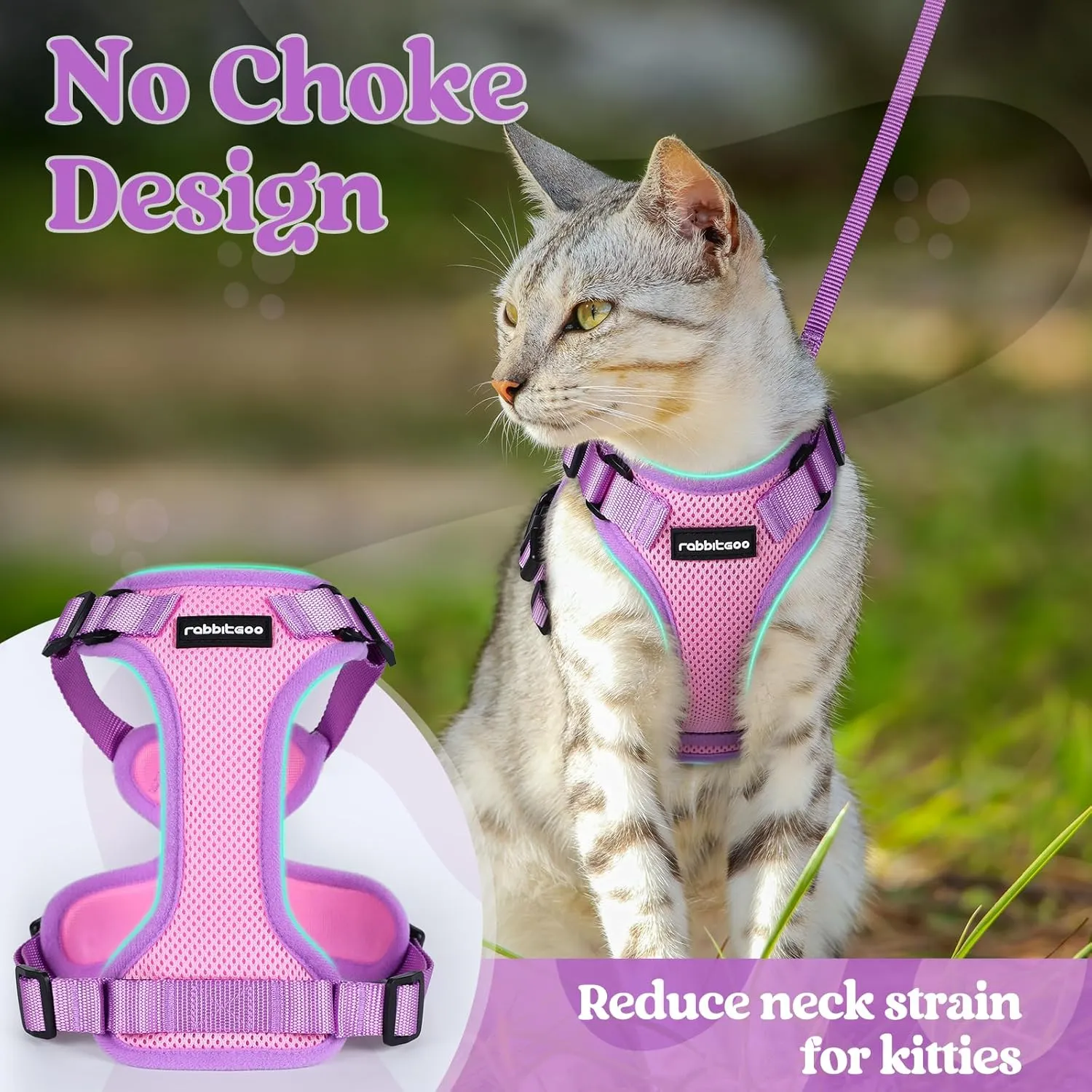 rabbitgoo Cat Harness and Leash Set, Escape Proof Soft Adjustable Vest Harnesses for Outdoor Walking, Easy Control Breathable Kitten Jacket with Reflective Strips, Pink & Purple, M