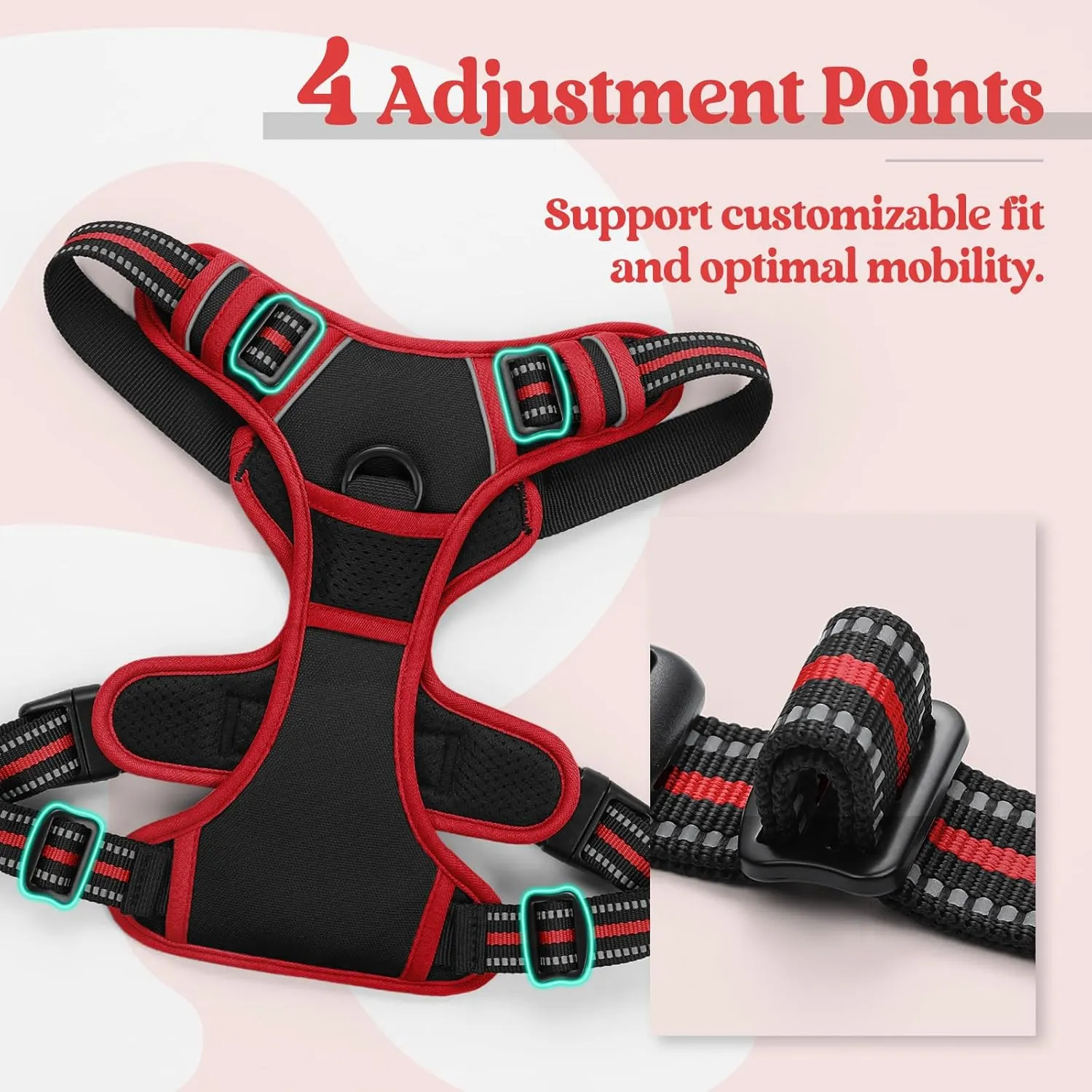 rabbitgoo Dog Harness No Pull with 2 Leash Clips, Adjustable Soft Padded, Reflective Oxford No Choke Pet Vest with Easy Control Handle for Large Dogs, Black & Red, L