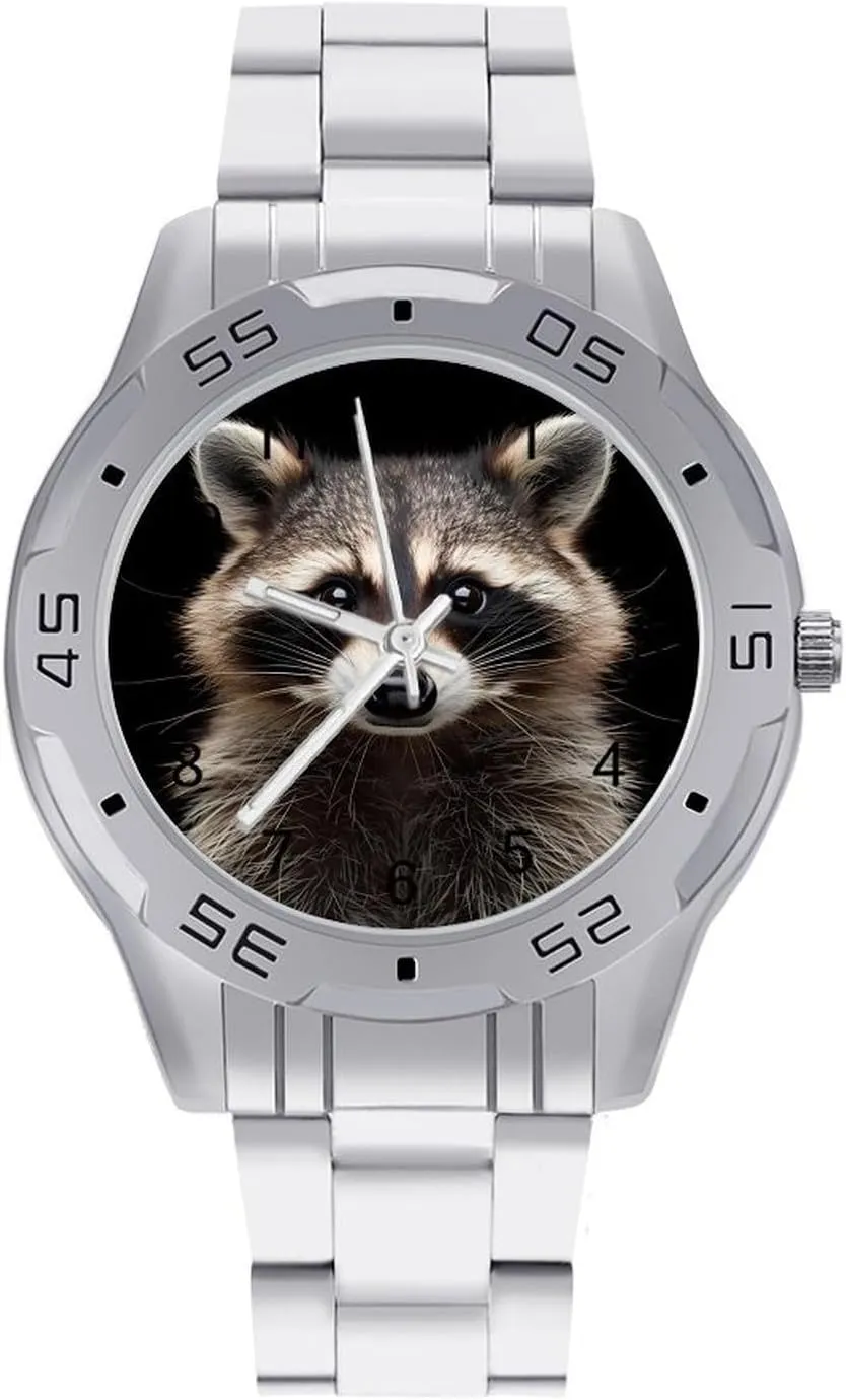 Raccoon Portrait Simple Stainless Steel Band Business Watch Dress Wrist Unique Luxury Work Casual Waterproof Watches